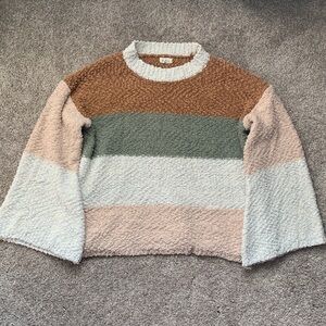 POL Women's Striped Crew Neck Popcorn Sweater Bell Sleeves Size M